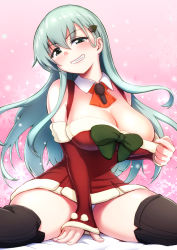 Rule 34 | 1girl, aqua eyes, aqua hair, between legs, black thighhighs, breasts, christmas tree hair ornament, commentary request, detached collar, detached sleeves, dress, fur-trimmed dress, fur trim, hair ornament, hairclip, hand between legs, hhh (wave), kantai collection, large breasts, long hair, red dress, santa costume, santa dress, short dress, sitting, sleeveless, sleeveless dress, solo, suzuya (kancolle), thighhighs, wariza