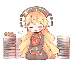 Rule 34 | 1girl, puff of air, = =, blonde hair, blush, blush stickers, chinese clothes, crescent, dango, dress, food, green tea, hair between eyes, happy, junko (touhou), long hair, long sleeves, moon (ornament), nakukoroni, open mouth, plate, pom pom (clothes), seiza, simple background, sitting, smile, solo, tabard, tea, textless version, touhou, wagashi, white background, wide sleeves