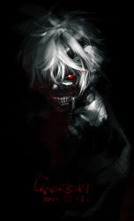 Rule 34 | 10s, 1boy, absurdres, black background, black sclera, canterbury (6739793), colored sclera, glowing, glowing eyes, hair over one eye, highres, kaneki ken, looking at viewer, male focus, mask, messy hair, monochrome, red eyes, short hair, solo, spot color, tokyo ghoul, white hair