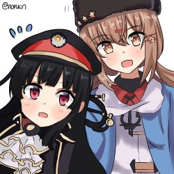 Rule 34 | 2girls, absurdres, black hair, blue shawl, blush, brown hair, crossover, dress, fur hat, hachiroku (maitetsu), hair between eyes, hair ornament, hairclip, hat, highres, jacket, kantai collection, long sleeves, looking at viewer, low twintails, maitetsu, military hat, multiple girls, noruren, open mouth, papakha, peaked cap, red eyes, red shirt, scar, scarf, shawl, shirt, simple background, star (symbol), tashkent (kancolle), torn clothes, torn scarf, twintails, white background, white jacket, white scarf