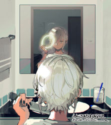 Rule 34 | 1girl, ahoge, androgynous, bathroom, black nails, chiaki ore, counter, cup, different reflection, ear piercing, from behind, hair over one eye, halo, holding, holding knife, knife, light switch, making-of available, mirror, nail polish, original, piercing, red eyes, reflection, short hair, silver hair, toothbrush, toothpaste, towel, towel rack