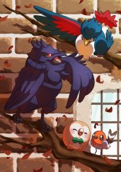 Rule 34 | absurdres, beak, bird, black sclera, blush, brick wall, colored sclera, commentary request, corviknight, creatures (company), closed eyes, fletchling, game freak, gen 4 pokemon, gen 6 pokemon, gen 7 pokemon, gen 8 pokemon, glowing, glowing eyes, highres, honchkrow, leaf, falling leaves, looking up, nintendo, no humans, open mouth, owl, pokemon, pokemon (creature), red eyes, rowlet, standing, taisa (lovemokunae), branch
