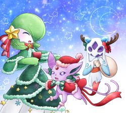 Rule 34 | 1girl, :3, blue background, blush, bow, bowtie, capelet, christmas, closed eyes, clothed pokemon, colored sclera, colored skin, creatures (company), crescent moon, crystal, dress, espeon, fake antlers, female focus, floating, froslass, full body, fur-trimmed capelet, fur-trimmed dress, fur-trimmed headwear, fur trim, game freak, gardevoir, gen 2 pokemon, gen 3 pokemon, gen 4 pokemon, gradient background, green bow, green capelet, green dress, green hair, green neckwear, green skin, hair ornament, hair over one eye, hands up, happy, hat, heart, holding, jumping, light blush, looking at another, looking up, moon, muguet, multicolored skin, nintendo, open mouth, own hands together, pokemon, pokemon (creature), purple sclera, red bow, red capelet, red headwear, red neckwear, red ribbon, ribbon, sack, santa hat, short hair, smile, snowflakes, standing, star (symbol), two-tone skin, white eyes, white skin