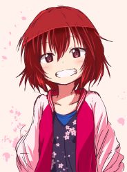Rule 34 | 10s, 1girl, blush, cherry blossoms, grin, idolmaster, idolmaster cinderella girls, jacket, letterman jacket, looking at viewer, murakami tomoe, na-ru, open clothes, open jacket, red hair, short hair, simple background, smile, solo, teeth