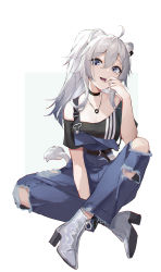 Rule 34 | 1girl, absurdres, ahoge, animal ears, belt, black belt, black shirt, border, collarbone, denim, dre, earrings, fangs, finger to mouth, green background, grey eyes, grey hair, hair between eyes, high heels, highres, hololive, jewelry, lion ears, lion girl, lion tail, looking at viewer, necklace, open mouth, overalls, shirt, shishiro botan, shoes, sitting, solo, tail, torn clothes, torn overalls, virtual youtuber