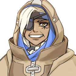 Rule 34 | 1girl, :d, ana (overwatch), anco (platanity), braid, brown lips, coat, commentary, dark-skinned female, dark skin, eyepatch, face, facial mark, facial tattoo, grin, headband, hijab, hood, korean text, lipstick, long hair, makeup, old, old woman, open mouth, overwatch, overwatch 1, simple background, sketch, smile, solo, tattoo, teeth, white background, white hair
