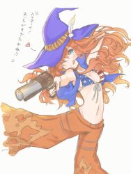 Rule 34 | 1girl, ;p, bad id, bad pixiv id, blue eyes, breasts, cleavage, copyright request, flame print, gun, hat, heart, holding, holding gun, holding weapon, long hair, navel, one eye closed, pants, red hair, red pants, solo, spoken heart, tongue, tongue out, totatokeke, weapon, white background, witch hat