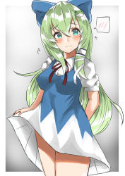 Rule 34 | 1girl, absurdres, arm behind back, blouse, blue bow, blue dress, bow, breasts, check commentary, cirno, cirno (cosplay), commentary request, cosplay, dress, female focus, frog hair ornament, green eyes, green hair, hair bow, hair ornament, highres, kochiya sanae, long hair, looking at viewer, pinafore dress, red ribbon, regua, ribbon, shirt, short sleeves, sleeveless dress, snake hair ornament, solo, spoken blush, touhou, white shirt