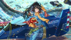 Rule 34 | 1girl, arm up, au ra, belt, black hair, blue falcon, blush, brown eyes, captain falcon, captain falcon (cosplay), closed mouth, commission, cosplay, f-zero, final fantasy, final fantasy xiv, glasses, gloves, highres, ling (doraling12), long hair, looking at viewer, nintendo, ponytail, salute, smile, sylvie clos, warrior of light (ff14), yellow gloves