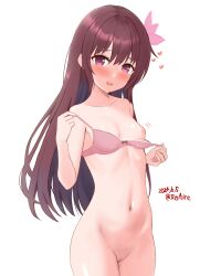 Rule 34 | 1girl, ame-san, bottomless, bra, cleft of venus, cowboy shot, dated, hair ornament, heart, highres, kantai collection, kisaragi (kancolle), long hair, looking at viewer, navel, nipples, one breast out, pink bra, purple eyes, purple hair, pussy, solo, standing, uncensored, underwear, underwear only, very long hair, white background