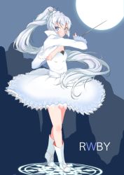 Rule 34 | 1girl, blush, boots, copyright name, dress, full moon, grey eyes, holding, holding sword, holding weapon, kokuto adk, magic circle, moon, rwby, solo, sword, weapon, weiss schnee, white hair