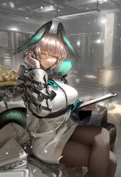 Rule 34 | 1girl, absurdres, aqua eyes, aqua wings, arknights, black pantyhose, book, book stack, breasts, ceiling light, clipboard, closed mouth, couch, cowboy shot, crossed legs, cushion, desk lamp, dress, fingerless gloves, gloves, grey hair, guang quan, hand in own hair, hand up, head wings, highres, ho&#039;olheyak (arknights), holding, holding clipboard, indoors, infection monitor (arknights), lamp, large breasts, lips, long sleeves, looking at viewer, on couch, pantyhose, shelf, short hair, sitting, smile, snake tail, solo, tail, white dress, white gloves, wings