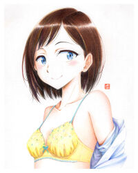 Rule 34 | artist name, bare shoulders, blue eyes, blush, bob cut, boku no kokoro no yabai yatsu, bow, bow bra, bra, breasts, brown hair, closed mouth, collarbone, colored pencil (medium), commentary, dated commentary, dress shirt, eyelashes, floral print, from side, hair strand, ichikawa kana, lingerie, looking at viewer, looking to the side, off shoulder, open clothes, open shirt, shirt, short hair, signature, simple background, small breasts, smile, swept bangs, traditional media, underwear, undressing, upper body, white background, white shirt, y takeshinu wan, yellow bra