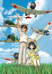 Rule 34 | 1boy, 1girl, a5m, a6m zero, a7m reppuu, aircraft, airplane, apron, arm at side, arm up, belt, belt buckle, black-framed eyewear, black eyes, black hair, blue sky, breast pocket, brown belt, brown hair, brown headwear, buckle, closed mouth, collared dress, collared shirt, commentary request, day, dress, glasses, grass, grasslands, grey headwear, grey pants, hand on headwear, hand on own knee, hat, highres, holding, horikoshi jirou, j2m raiden, kaze tachinu, light smile, lim, long sleeves, looking at object, looking up, meadow, model airplane, on grass, on ground, outdoors, outstretched arm, pants, pantyhose, pocket, round eyewear, satomi naoko, shirt, short hair, sky, sleeves rolled up, split mouth, standing, straw hat, thick eyebrows, white apron, white pantyhose, white shirt, wide shot, yellow dress