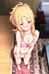 Rule 34 | 1girl, absurdres, bare arms, bare legs, barefoot, bikini, blonde hair, blush, bow, breasts, chair, clitoris, closed mouth, collarbone, drill hair, eromanga sensei, feet, female focus, floor, from above, front-tie bikini top, front-tie top, full body, hair bow, highres, indoors, looking at viewer, navel, ponytail, purple eyes, pussy, rug, shadow, side-tie bikini bottom, solo, standing, striped bikini, striped clothes, swimsuit, twin drills, wooden floor, yamada elf, yanagi hirohiko