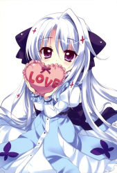 Rule 34 | 1girl, blue hair, dress, heart, heart-shaped pillow, highres, izumi tsubasu, koi ga saku koro sakura doki, pillow, purple eyes, simple background, tina (koi ga saku koro sakura doki)