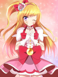 Rule 34 | 1girl, ;), asahina mirai, blonde hair, blush, bow, choker, color connection, cosplay, cure flora, cure flora (cosplay), cure miracle, gloves, go! princess precure, gradient background, haru (nature life), hat, long hair, mahou girls precure!, one eye closed, pink hair, precure, side ponytail, smile, solo, waist bow, white gloves, witch hat