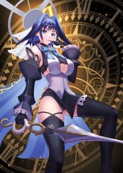 Rule 34 | 1girl, asymmetrical legwear, biting, black gloves, black thighhighs, blue eyes, blue hair, boku no edamame, breasts, chain, clock, commentary, detached collar, detached sleeves, english commentary, feet out of frame, glove biting, gloves, hair intakes, hairband, halo, hand up, highres, holding, holding sword, holding weapon, hololive, hololive english, knee up, large breasts, leotard, mouth hold, neck ribbon, ouro kronii, ouro kronii (1st costume), ribbon, short hair, skindentation, solo, sword, thighhighs, thighs, underboob, virtual youtuber, weapon