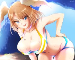 Rule 34 | 1girl, akino (gokosei), ass, bikini, blue eyes, breast tattoo, breasts, brown hair, butt crack, choker, cleavage, eunie (xenoblade), flower, hand on own ass, head wings, highres, large breasts, leaning forward, long hair, looking at viewer, medium hair, navel, nintendo, outdoors, skindentation, smile, solo, striped bikini, striped clothes, sweat, swimsuit, tattoo, thigh gap, white flower, white wings, wings, xenoblade chronicles (series), xenoblade chronicles 3
