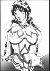Rule 34 | 1girl, braid, breasts, cum, dress, greyscale, highres, huge breasts, linda, lineart, magna carta, monochrome, nipples, non-web source, pantyhose, reith, skirt, solo, tears