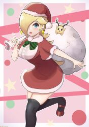 Rule 34 | 1girl, :d, alternate costume, antlers, black thighhighs, blonde hair, blue eyes, bow, capelet, christmas, dress, earrings, fake antlers, fur trim, green bow, green nails, hair over one eye, hat, highres, holding, holding sack, horns, index finger raised, jewelry, long hair, looking at viewer, luma (mario), mario (series), nintendo, open mouth, red capelet, red dress, red footwear, red headwear, reindeer antlers, rosalina, sack, santa costume, santa dress, santa hat, smile, star (symbol), star earrings, striped, striped bow, thedarkestuno, thighhighs