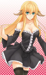 Rule 34 | 1girl, aqua eyes, bare shoulders, black dress, black thighhighs, blonde hair, blush, breasts, cleavage, closed mouth, collarbone, dress, female focus, frilled dress, frills, hair between eyes, horns, large breasts, legs, long hair, long sleeves, looking at viewer, no bra, off-shoulder dress, off shoulder, original, polka dot, polka dot background, prime, revision, sidelocks, smile, solo, standing, thighhighs, zettai ryouiki