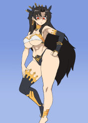 Rule 34 | 1girl, alternate breast size, anklet, bare shoulders, bikini, black hair, black legwear, blue background, breasts, cleavage, collarbone, curvy, earrings, fate/grand order, fate (series), floating hair, full body, gloves, hair ornament, highres, ishtar (fate), jewelry, large breasts, long hair, looking at viewer, mismatched bikini, navel, neck ring, nikujuu uc, open mouth, red eyes, shaded face, simple background, single glove, single leg pantyhose, single sleeve, solo, standing, stomach, swimsuit, thong, tiara, very long hair, wide hips
