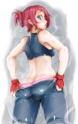 Rule 34 | 1girl, ass, bad id, bad pixiv id, bike shorts, butt crack, clothes pull, crop top, fingerless gloves, folded ponytail, gloves, green eyes, highres, looking back, nexas, open mouth, original, panties, pulled by self, red hair, short hair, shorts, shorts pull, solo, sweat, underwear