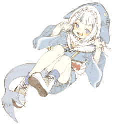 Rule 34 | 1girl, abara heiki, animal hood, blue eyes, blue hair, blue hoodie, blue nails, blue socks, blush, claw pose, commentary, cross-laced footwear, english commentary, fangs, fins, fish tail, full body, gawr gura, gawr gura (1st costume), highres, hololive, hololive english, hood, hoodie, looking at viewer, mixed-language commentary, multicolored hair, nail polish, open mouth, shark hood, shark tail, sharp teeth, shoes, short hair, simple background, smile, sneakers, socks, solo, streaked hair, tail, teeth, traditional media, two-tone hair, virtual youtuber, white background, white footwear, white hair