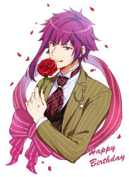 Rule 34 | 1boy, :q, a3!, arisugawa homare, asymmetrical sidelocks, black vest, bow, breast pocket, brown jacket, closed mouth, collared shirt, commentary request, cropped torso, cut bangs, dress shirt, falling petals, flower, hand up, happy birthday, holding, holding flower, jacket, lapel pin, lapels, long sleeves, looking at viewer, male focus, necktie, open clothes, open jacket, petals, pinstripe jacket, pinstripe pattern, pocket, purple bow, purple hair, purple necktie, purple ribbon, red eyes, red flower, red rose, ribbon, rose, shirt, short hair, sidelocks, simple background, smile, solo, striped bow, striped clothes, striped jacket, striped ribbon, tayu (canary-san), tongue, tongue out, upper body, vertical-striped clothes, vertical-striped jacket, vest, white background, white shirt