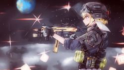Rule 34 | 1girl, animal ears, battle, blonde hair, closed mouth, commentary request, earth (planet), explosive, firing, from side, gloves, grenade, gun, h&amp;k ump, h&amp;k ump, hakurei fling, headgear, helmet, highres, holding, holding gun, holding weapon, legacy of lunatic kingdom, looking afar, military, military uniform, planet, pouch, profile, rabbit ears, red eyes, ringo (touhou), short hair, sleeves rolled up, solo, space, submachine gun, touhou, uniform, upper body, war, weapon