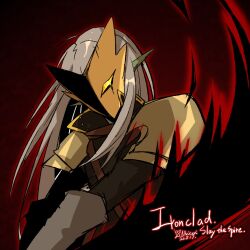 Rule 34 | 1boy, armor, character name, colored skin, copyright name, dated, elbow gloves, gloves, green skin, grey hair, looking at viewer, mask, pointy ears, red background, slashing, slay the spire, solo, the ironclad, whitose, yellow eyes
