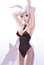 Rule 34 | 1girl, absurdres, animal ears, armpits, arms up, artist name, bare shoulders, battle bunny riven, between breasts, black leotard, black necktie, breasts, cleavage, covered navel, cowboy shot, detached collar, expressionless, eyes visible through hair, fake animal ears, fishnet pantyhose, fishnets, folded ponytail, hair tie, highres, kemonomimi mode, kezi, large breasts, league of legends, leotard, lips, looking away, looking to the side, mouth hold, necktie, necktie between breasts, pantyhose, playboy bunny, rabbit ears, rabbit girl, rabbit tail, red eyes, riven (league of legends), silver hair, solo, standing, strapless, strapless leotard, tail, tsurime, tying hair, wrist cuffs