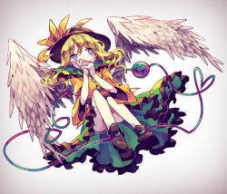 Rule 34 | 1girl, angel wings, blue eyes, blue theme, blush, boots, covering own mouth, dutch angle, eyeball, frilled skirt, frills, full body, gradient background, green hair, hat, hat ribbon, heart, heart of string, komeiji koishi, long hair, long sleeves, looking to the side, mimureem, ribbon, shirt, skirt, solo, string, third eye, touhou, wide sleeves, wings