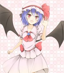 Rule 34 | 1girl, :d, arm at side, ascot, bad id, bad pixiv id, bat wings, blue hair, brooch, dress, hat, jewelry, kuroganeruto, looking at viewer, mob cap, open mouth, pink dress, red eyes, remilia scarlet, salute, short hair, smile, solo, touhou, wings