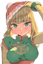 Rule 34 | 1girl, :o, absurdres, adjusting clothes, adjusting headwear, arms (game), artist name, azuazuangel, bandaged arm, bandages, blonde hair, breasts, covered erect nipples, eyebrows, green eyes, hat, highres, knit hat, looking at viewer, medium breasts, min min (arms), no mask, short hair, solo, twitter username, upper body, watermark, white background