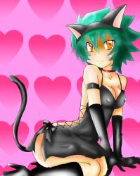 Rule 34 | 1girl, animal ears, boots, breasts, cat ears, cat girl, cat tail, covered erect nipples, elbow gloves, female focus, gender request, genderswap, gloves, gradient background, green hair, high heel boots, high heels, johan andersen, tail, yellow eyes, yu-gi-oh!, yu-gi-oh! gx