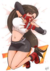 Rule 34 | 1girl, bandaged hand, bandages, bare legs, bare shoulders, black gloves, black hair, black skirt, black socks, breasts, cleavage, covering own mouth, crop top, elbow gloves, elbow pads, final fantasy, final fantasy vii, fingerless gloves, full body, gloves, hair between eyes, hair tie, highres, large breasts, long hair, looking at viewer, low-tied long hair, midriff, miniskirt, navel, pencil skirt, red eyes, red footwear, red gloves, shirt, signature, single elbow pad, skirt, sleeveless, sleeveless shirt, socks, solo, suspenders, tifa lockhart, v, white shirt, wolkat