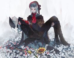 Rule 34 | 2girls, black headwear, blood, blood on clothes, bloodborne, bonnet, carrying, death, doll, dying, closed eyes, flower, lady maria of the astral clocktower, multiple girls, plain doll, red headwear, silver hair, sunflower, syokuuuuuuuuumura, the old hunters