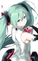 Rule 34 | 1girl, aqua eyes, aqua hair, aqua nails, asahi kuroi, bare shoulders, black gloves, breasts, bridal gauntlets, commentary, from behind, gloves, hair ornament, hand on own chest, hand up, hatsune miku, hatsune miku (append), highres, hip ornament, long hair, looking at viewer, looking back, nail polish, shirt, sideboob, sleeveless, sleeveless shirt, small breasts, solo, sparkle, twintails, upper body, very long hair, vocaloid, vocaloid append, white background, white shirt
