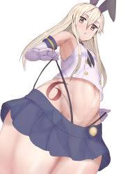 Rule 34 | 1girl, anchor hair ornament, bad id, bad pixiv id, black panties, blonde hair, blue skirt, crop top, elbow gloves, frontal wedgie, gloves, grey eyes, hair between eyes, hair ornament, hairband, highleg, highleg panties, highres, kantai collection, long hair, looking at viewer, looking down, microskirt, miniskirt, panties, sailor collar, school uniform, serafuku, shimakaze (kancolle), sikijou77o, simple background, skirt, solo, striped clothes, striped thighhighs, thighhighs, underwear, wedgie, white background, white gloves