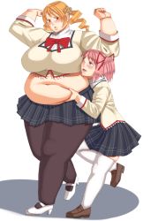 Rule 34 | 10s, 2girls, belly, blonde hair, blush, breasts, cleavage, drill hair, fat, female focus, highres, huge breasts, mahou shoujo madoka magica, multiple girls, navel, pink eyes, pink hair, sakumatyann, school uniform, skirt, standing, thick thighs, thighs, tomoe mami, twin drills, uniform, white background, yellow eyes