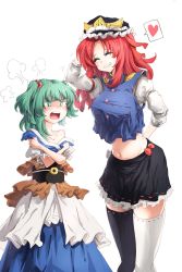 Rule 34 | 2girls, puff of air, angry, asymmetrical legwear, bare shoulders, blush, breasts, collarbone, cosplay, costume switch, crown, d:, darjeeling (reley), green eyes, green hair, heart, highres, japanese clothes, kimono, kimono skirt, large breasts, midriff, mismatched legwear, multiple girls, navel, onozuka komachi, onozuka komachi (cosplay), open mouth, oversized clothes, red hair, shiki eiki, shiki eiki (cosplay), shirt, skirt, spoken heart, taut clothes, taut shirt, teeth, touhou, two side up, undersized clothes, v-shaped eyebrows