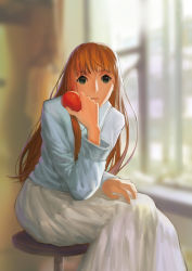 Rule 34 | 00s, 1girl, 569 (hyohyo), apple, blunt bangs, blurry, brown hair, casual, food, fruit, green eyes, highres, holding, honey and clover, long hair, long skirt, long sleeves, open mouth, skirt, solo, white skirt, yamada ayumi