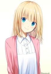 Rule 34 | 1girl, absurdres, blonde hair, blue eyes, blush, collared shirt, commentary request, gradient background, head tilt, highres, jacket, long hair, looking at viewer, open clothes, open jacket, original, pink jacket, shirt, solo, tsunamayo (flying cat), twitter username, upper body, white background, white shirt, wing collar