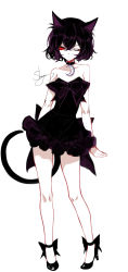 Rule 34 | 1girl, absurdres, animal ear fluff, animal ears, artist name, bad id, bad pixiv id, bare arms, bare legs, bare shoulders, black choker, black dress, black footwear, black hair, cat ears, cat tail, chinese commentary, choker, collarbone, commentary request, crescent, crescent choker, dress, eyelashes, full body, hair between eyes, high heels, highres, looking at viewer, original, pumps, red eyes, sheya, short dress, short hair, signature, simple background, solo, standing, strapless, strapless dress, tail, thighs, white background