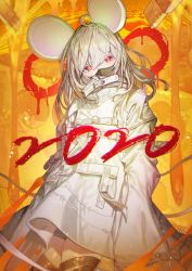 Rule 34 | 1girl, 2020, absurdres, animal ears, chinese zodiac, chyan, coat, commentary, covered mouth, english commentary, head tilt, highres, long sleeves, looking at viewer, mask, medium hair, mouse ears, mouth mask, new year, orange background, original, red eyes, solo, standing, straitjacket, white coat, white hair, year of the rat