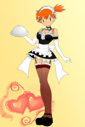 Rule 34 | 1girl, alternate costume, apron, arm at side, back bow, bare shoulders, bow, bowtie, choker, closed mouth, collarbone, creatures (company), detached collar, dress, elbow gloves, enmaided, facing viewer, frilled apron, frills, full body, game freak, garter straps, gloves, gradient background, green eyes, gym leader, hand up, heart, heart background, highres, jimryu, legs together, looking at viewer, maid, maid apron, maid headdress, misty (pokemon), neck ribbon, nintendo, orange hair, outstretched hand, panties, panty peek, pokemon, pokemon (anime), pokemon (classic anime), ponytail, ribbon, short dress, short hair, side ponytail, sleeveless, sleeveless dress, smile, solo, standing, thighhighs, tray, underwear, waist apron, white apron, white gloves, white neckwear, white panties, wrist cuffs, yellow background, zettai ryouiki
