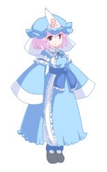 Rule 34 | 1girl, black footwear, blue bow, blue hat, blue kimono, bow, footwear bow, frilled hat, frilled kimono, frills, full body, hands in opposite sleeves, hat, highres, itatatata, japanese clothes, kimono, long sleeves, looking at viewer, mob cap, pink eyes, pink hair, saigyouji yuyuko, sash, shoes, short hair, simple background, sleeves past wrists, smile, solo, touhou, triangular headpiece, veil, white background, wide sleeves