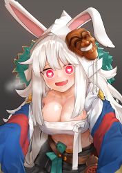 Rule 34 | 1girl, :d, absurdres, animal ears, armpit crease, bandeau, black skirt, breasts, breath, cleavage, collarbone, commission, cowboy shot, crusaders quest, fang, grey background, heart, heart-shaped pupils, highres, hood, large breasts, long hair, long sleeves, looking at viewer, midriff, navel, open mouth, rabbit ears, red eyes, second-party source, skirt, smile, solo, stomach, strapless, sweat, symbol-shaped pupils, tube top, very long hair, white hair, wide sleeves, wweed